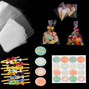 Set de 200 pungi pentru dulciuri, 40 snururi si 10 foi cu stickere ASTARON, plastic, multicolor, 10/15 cm