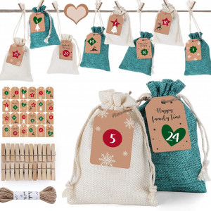 Set de 24 saculeti cu autocolante si clips pentru calendar de advent Homewit, textil/hartie/lemn, multicolor, 14 x 10 cm