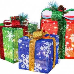 Set de 3 cutii pentru cadouri cu 48 LED-uri Gresonic, metal/textil, 18 x 18 x 18 cm / 15 x 15 x 15 cm / 13 x 13 x 13 cm