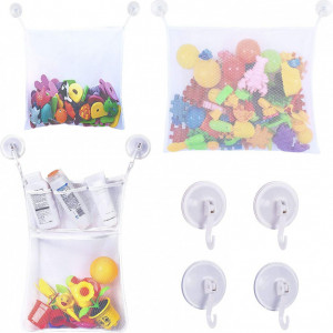 Set de 3 organizatoare jucarii si 4 carlige auto adezive ZERHOK, poliester/plastic, alb,