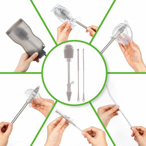 Set de 3 perii de curatare pentru sticle Haakaa, silicon/otel inoxidabil, gri, 26,4/ 24,5 cm