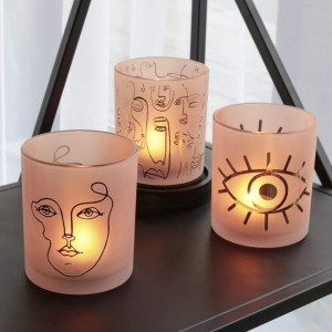 Set de 3 suporturi pentru lumanari Mj Premier, sticla, roz/auriu, 10 x 9 cm