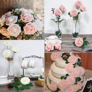 Set de 30 trandafiri artificiali EQLEF, spuma, fildes/roz, 28,5 x 20 cm