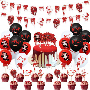 Set de 32 decoratiuni de pentru Halloween Tomicy, latex/hartie, rosu/alb/negru