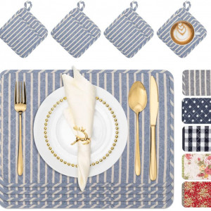 Set de 4 naproane si 4 coastere NEOVIVA, albastru/alb, bumbac, 30 x 45 cm / 20 x 20 cm