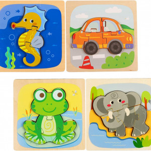 Set de 4 puzzle-uri pentru copii 1-4 ani ZERHOK, lemn, multicolor, 15 x 15 cm