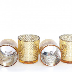 Set de 4 suporturi pentru lumanari Flanacom, sticla, auriu, 7 x 8 cm