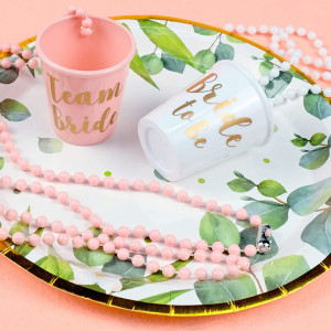 Set de 6 pahare cu coliere pentru nunta Bakiauli, plastic, alb/roz/auriu, 5,1 x 5,7 cm