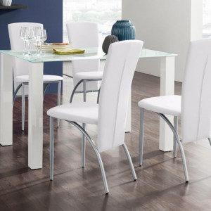 Set de living Norma/Nicole 4 scaune piele sintetica + 1 masa cu blat de sticla, alba, 120 x 80 x 76 cm