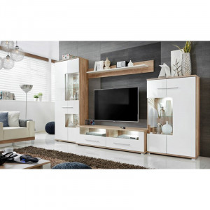 Set de mobilier pentru living Faribault, MDF, alb/maro, 320 x 194 x 47 cm