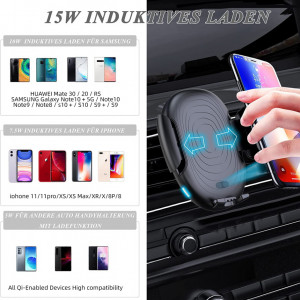Suport auto pentru telefon YARUI, cu functie de incarcare wireless, negru, 15W