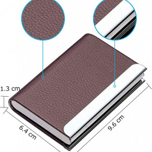 Suport pentru carti de vizita MUCO, piele PU/metal, maro/argintiu, 9,6 x 6,4 x 1,3 cm