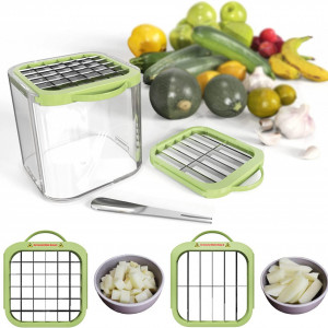 Taietor multifunctional de fructe/legume EASYDRILL, plastic/otel inoxidabil, transparent /verde/argintiu, 8,9 x 8,9 x 8,9 cm