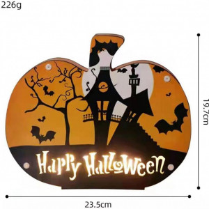 Decoratiune pentru Halloween, model dovleac, LED, lemn, 23,5 x 19,7 cm