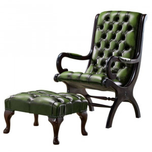 Fotoliu Colunga, lemn masiv/ piele naturala, verde/maro, 100 x 57 x 84 cm