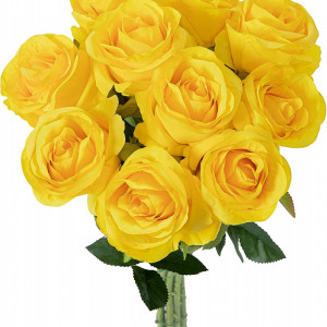 Set de 10 trandafiri artificiali Hawesome, matase/plastic, galben/verde, 54 cm