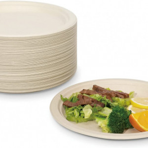 Set de 100 farfurii de unica folosinta TRADENCT, biodegradabile, fibra din trestie de zahar, crem, 22,8 cm