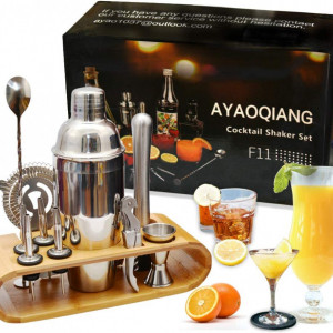Set de 12 piese pentru prepararea cocktail-ului AYAOQIANG, otel inoxidabil, argintiu