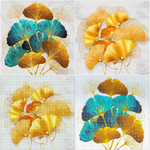 Set de 2 picturi cu diamante 5D Rainmae, frunze de ginkgo, multicolor, diamant/panza, 30 x 30 cm