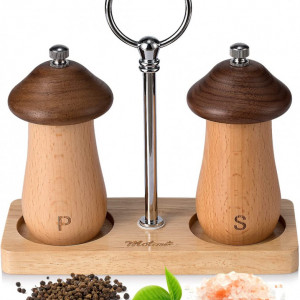 Set de 2 rasnite sare si piper cu suport Motase, lemn/metal, natur/brun/argintiu, 17 x 17,5 cm / 6 x 12 cm