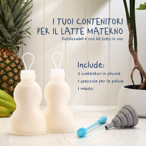 Set de 2 recipiente pentru laptele matern cu palnie si perie de curatare Kidüy, silicon, alb, 250 ml
