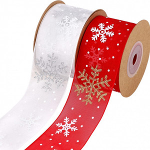 Set de 2 role de panglica pentru Craciun Hileyu, poliester, alb/rosu, 9,14 m x 4 cm