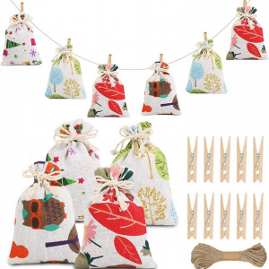 Set de 24 saculeti cu autocolante si clipsuri pentru calendar de advent HAMOOM, textil,/hartie/lemn, multicolor