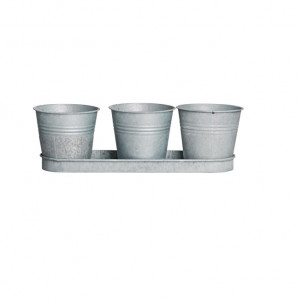Set de 3 ghivece si o tava Cina, metal, argintiu, 33 x 11 x 11 cm