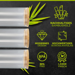 Set de 3 recipiente pentru alimente Wikoro, sticla/bambus, transparent/natur, 1000/500 ml