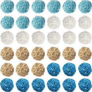 Set de 36 bile decorative Jangostor, ratan, albastru/alb/natur, 5 cm