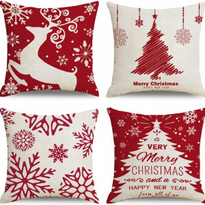 Set de 4 fete de perna de Craciun Sumtoco, alb/rosu, textil, 45 x 45 cm