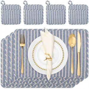 Set de 4 naproane si 4 coastere NEOVIVA, albastru/alb, bumbac, 30 x 45 cm / 20 x 20 cm