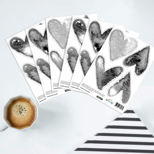 Set de 6 coli cu stickere pentru perete SOOOEC, model inimioare, PVC, gri/negru