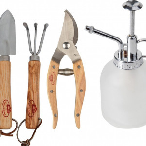 Set de accesorii pentru gradinart Klara, 4 piese, inox/lemn/plastic, natur/argintiu