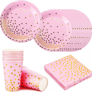 Set de vesela pentru petrecere MEZHEN, carton, roz/auriu, 30 piese