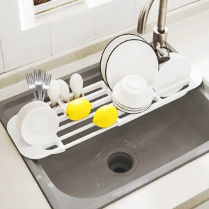 Suport extensibil pentru vase iBigLY, silicon, alb, 17,5 x 43-63 cm