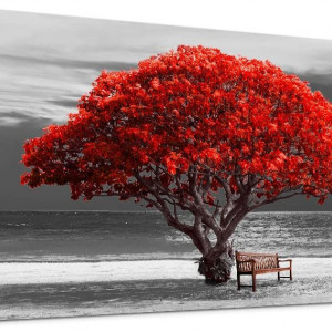 Tablou modern Hyidecorart, copac, gri/rosu, panza/lemn, 100 x 50 cm