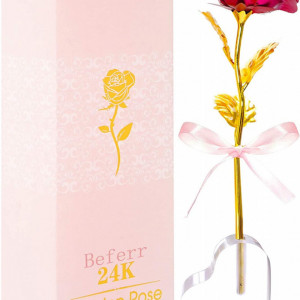 Trandafir Beferr, rosu inchis/auriu, plastic, 25 cm