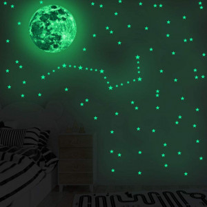 Autocolante luminoase de perete DAXIAO, luna si stele, verde, PVC, 30 x 30 cm / 12,5 x 17,5 cm