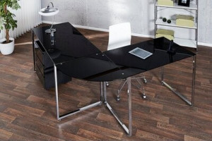 Birou executiv Creta, lemn masiv/metal, negru/crom, 75 x 180 x 160 cm