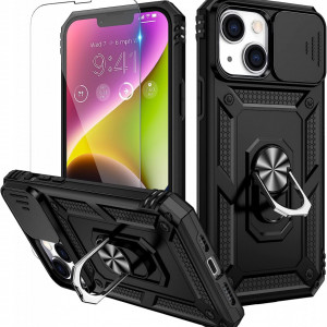 Husa de protectie cu inel compatibil cu iPhone 14 Pro HWeggo, policarbonat/poliuretan, negru 6,7inchi