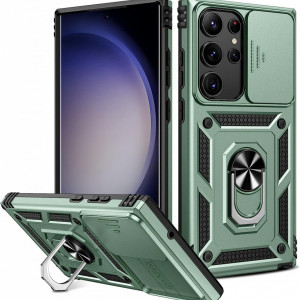Husa de protectie cu inel compatibil cu Samsung Galaxy S23 ULTRA HWeggo, policarbonat/poliuretan, verde, 6,8 inchi