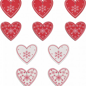 Set de 10 inimi HEIGOO, lemn, rosu/alb, 48 x 50 mm
