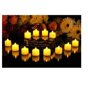 Set de 12 lumanari cu LED JZK, lumina galbena, plastic, alb, 3,4 x 3,7 cm
