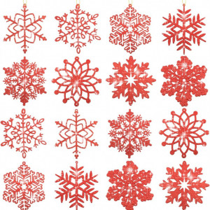 Set de 16 fulgi de Craciun cu sclipici Fangoo, plastic, rosu, 12,7 cm
