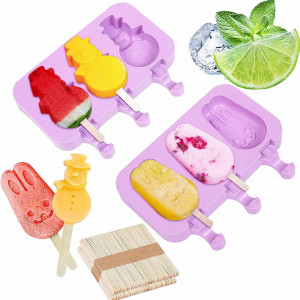 Set de 2 forme pentru inghetata si 100 bete Seasboes, mov, silicon, 18,8 x 10 cm
