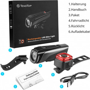 Set de 2 lumini pentru bicicleta T TENDTOP, USB, ABS, negru