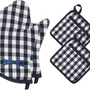 Set de 2 manusi si 2 suporturi de oale pentru bucatarie NEOVIVA, bumbac, bleumarin/alb