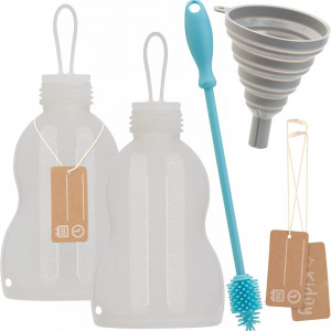 Set de 2 recipiente pentru laptele matern cu palnie si perie de curatare Kidüy, silicon, alb, 250 ml