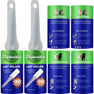 Set de 2 role cu maner si 4 rezerve pentru scame Bamada, plastic/hartie, gri, 23 x 5,4 cm
